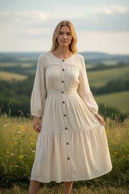 Stevie Hender Textured Cream Long Sleeve Button-Down Tiered Boho Midi Dress Size